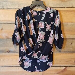 Iz Byer Black and Pink Floral Blouse